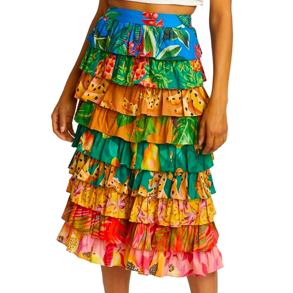 Farm Rio multi layered colorful tropical midi skirt